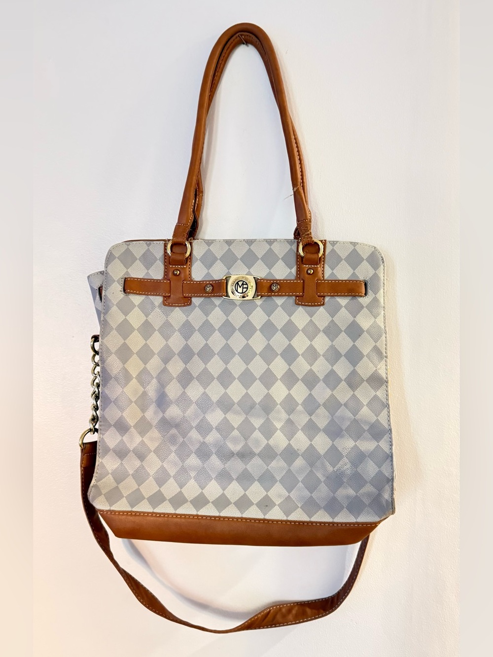 Marc Fisher Gray Checkered Tote with Brown Trim